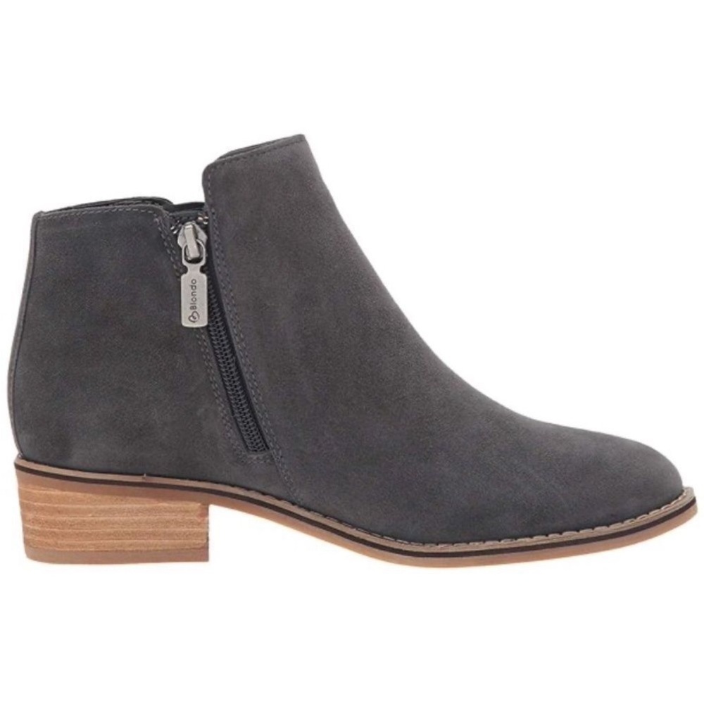 Blondo Liam Waterproof Ankle Boots Dark Gray Suede with Zipper and Wooden Heel